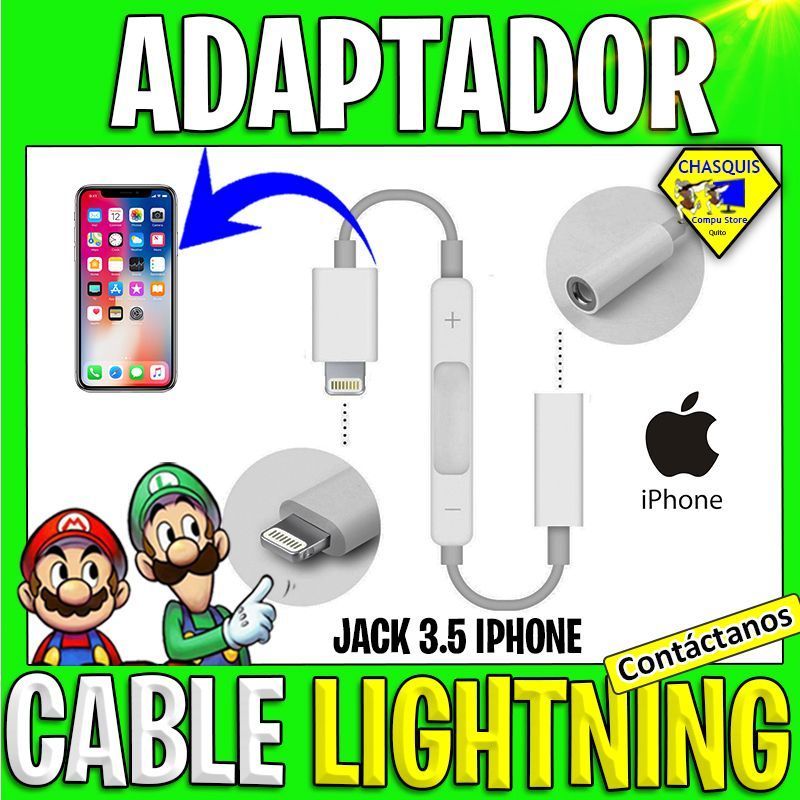 ADAPTADOR CABLE LIGHTNING IPHONE A JACK DE AUDIO 3.5 CON CONTROL DE AUDIO