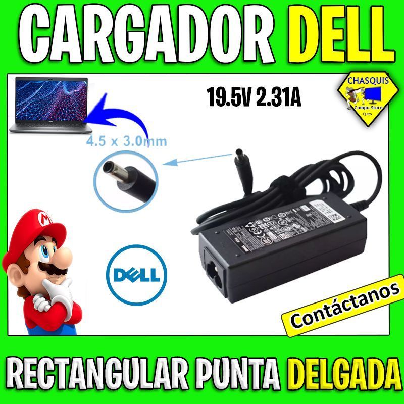CARGADOR DE LAPTOP DELL RECTANGULAR PUNTA DELGADA 4.5 X 3.0MM 19.5V 2.31A
