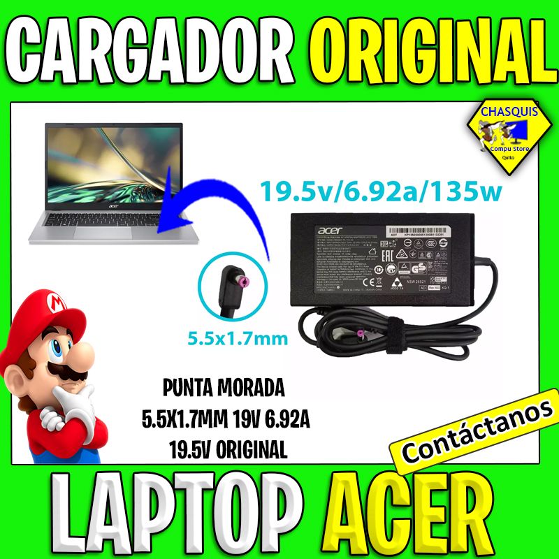 CARGADOR DE LAPTOP ACER PUNTA MORADA 5.5X1.7MM 19V 6.92A 19.5V ORIGINAL