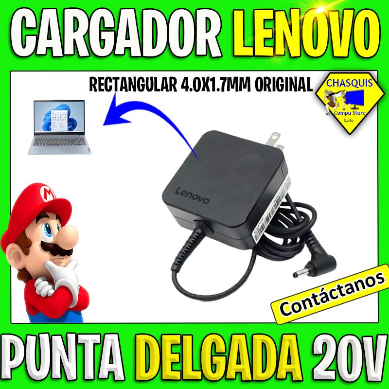 CARGADOR DE LAPTOP LENOVO RECTANGULAR 4.0X1.7MM PUNTA DELGADA 20V 3.25A ORIGINAL